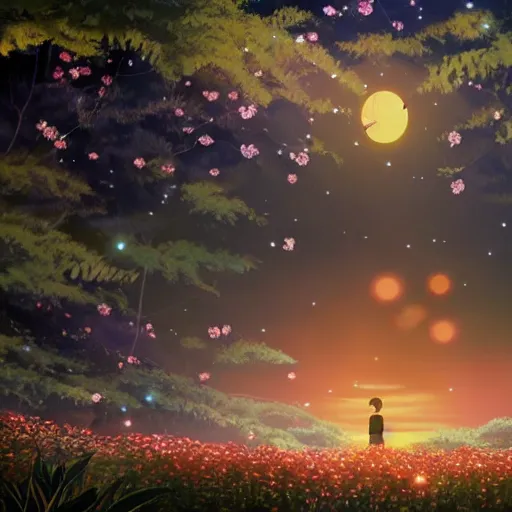 Image similar to spirit creature in the flowers at night made by studio ghibli, beautiful scene, detailed, high quality, high details, smooth, 8 k,