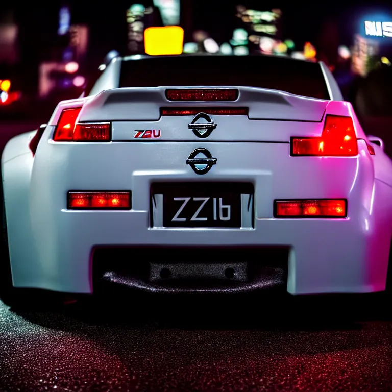 Image similar to close-up-photo Nissan Z32 turbo illegal roadside night meet, deep dish work-wheels, Shibuya Shibuya, cinematic color, photorealistic, highly detailed night photography