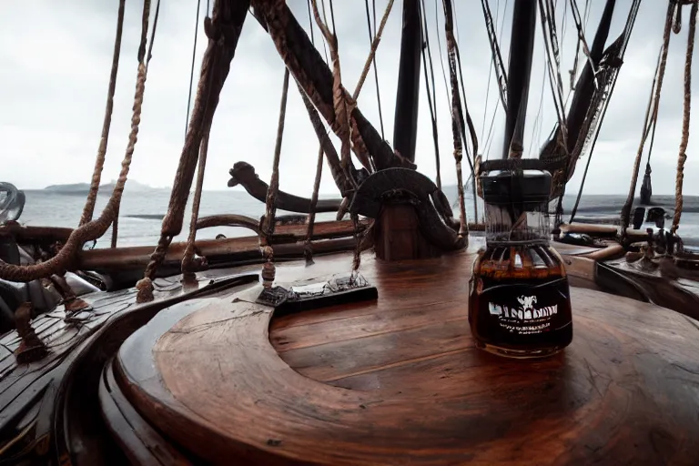 Prompt: product shot kraken rum on an old pirate ship, giant tentacle by emmanuel lubezki