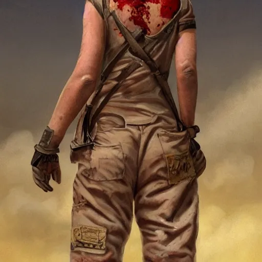 Prompt: tattooed dirty stoic butch heroic emotionless blonde woman engineer in tattered dirty coveralls, very short messy hair, victorian goggles, back pose, crossing primitive hostile alien desert, clouds of red dust, highly detailed, digital painting, artstation, concept art, matte, sharp focus, illustration, art by moebius and artgerm and greg rutkowski