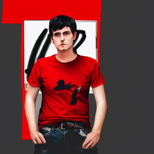 Image similar to a guy with short dark hair on his side, dressed in a red t - shirt, stands still against the backdrop of digital art, 8 k, character, realism, anime, portrait