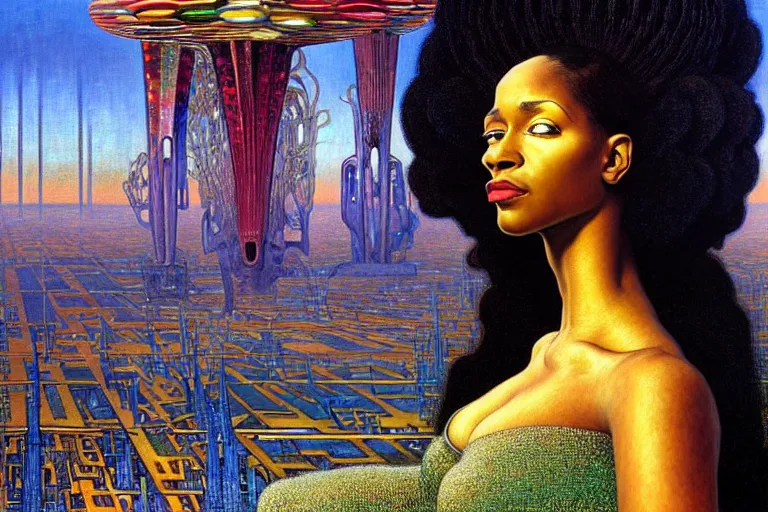 Image similar to realistic extremely detailed closeup portrait painting of a beautiful black woman in a dress with supercomputer robot, city street on background by Jean Delville, Amano, Yves Tanguy, Ilya Repin, Alphonse Mucha, William Holman Hunt, Ernst Haeckel, Edward Robert Hughes, Roger Dean, rich moody colours