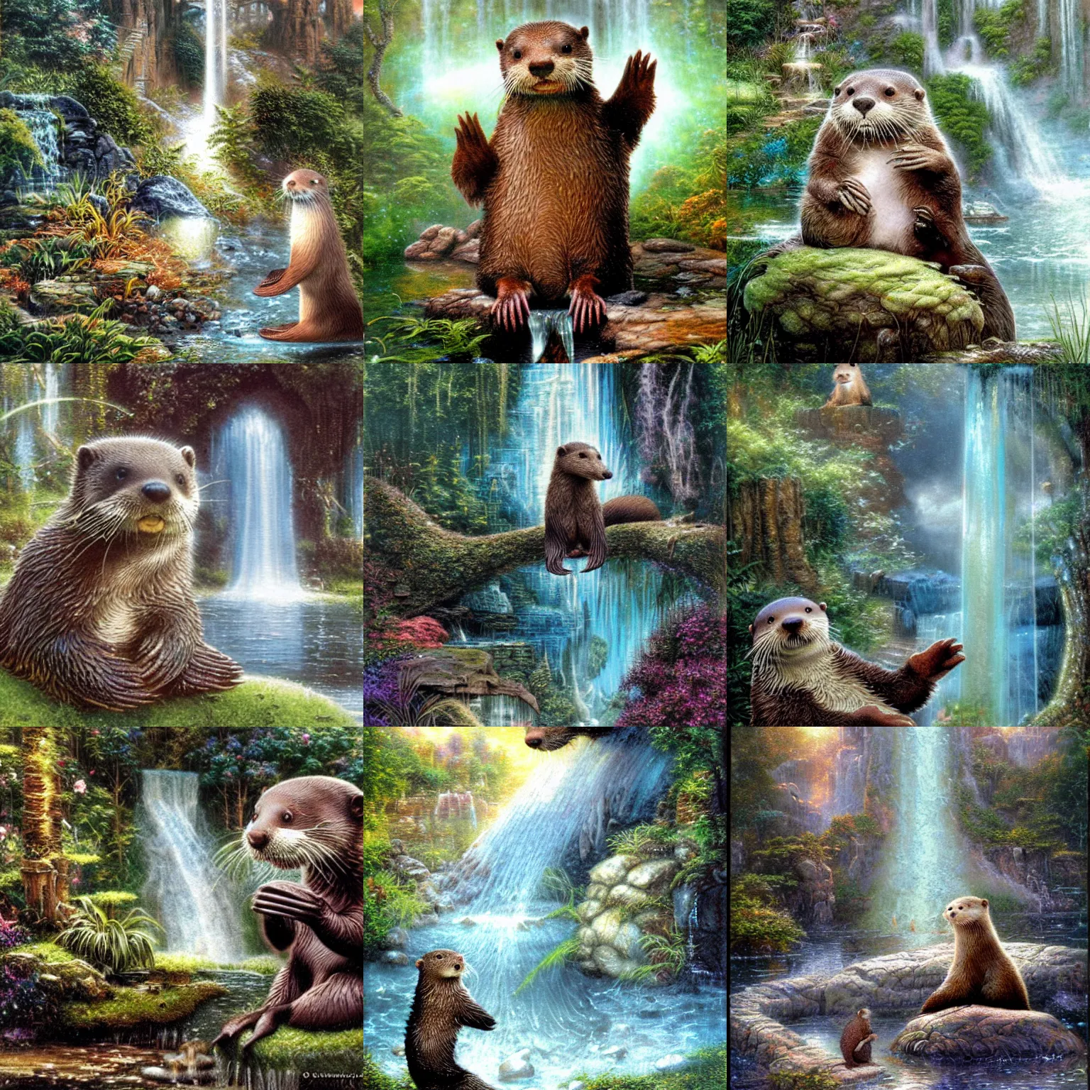 Prompt: A cute otter playing in front of a huge ethereal waterfall by greg staples and Thomas kinkade, ultra detailed