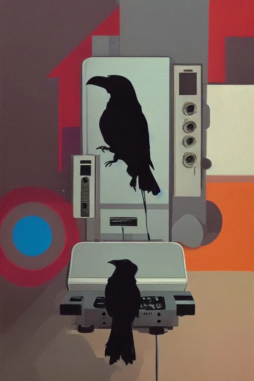 Image similar to a raven standing amongst 8 0 s era technology, vintage shapes, retro technology, pantone color, wayne barlow, oil on canvas, deep depth of field, masterpiece, cinematic composition, hyperdetailed