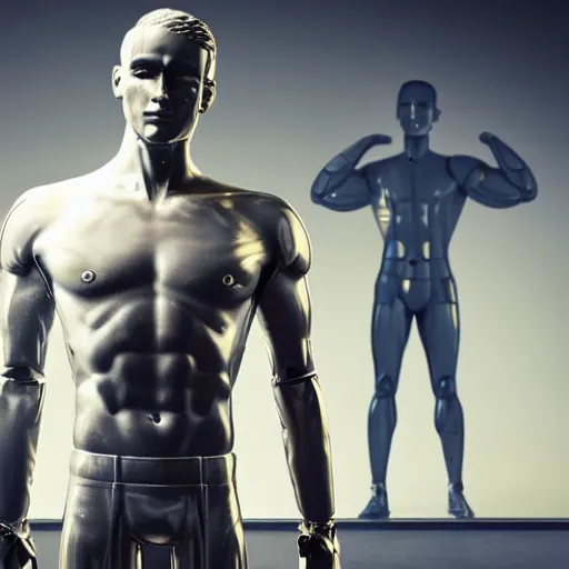 Image similar to a realistic detailed photo of a guy who is an attractive humanoid who is half robot and half humanoid, who is a male android, attractive and handsome soccer players, shiny skin, posing like a statue, blank stare, in a factory, on display, showing off his muscles, gold soccer shorts, side view, looking at each other mindlessly