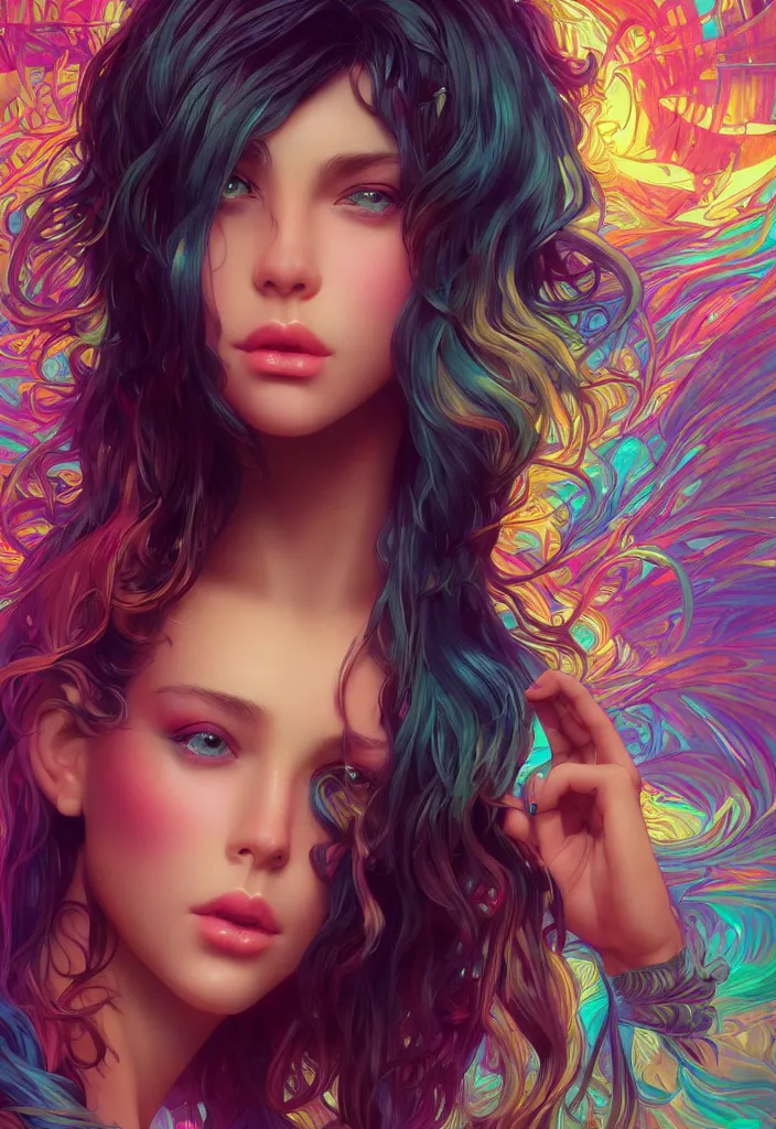 Image similar to beautiful, young woman, detailed gorgeous face, vaporwave aesthetic, synthwave, colorful, psychedelic, artstation, concept art, smooth, extremely sharp detail, finely tuned detail, ultra high definition, 8 k, unreal engine 5, ultra sharp focus, illustration, art by artgerm, greg rutkowski and alphonse mucha