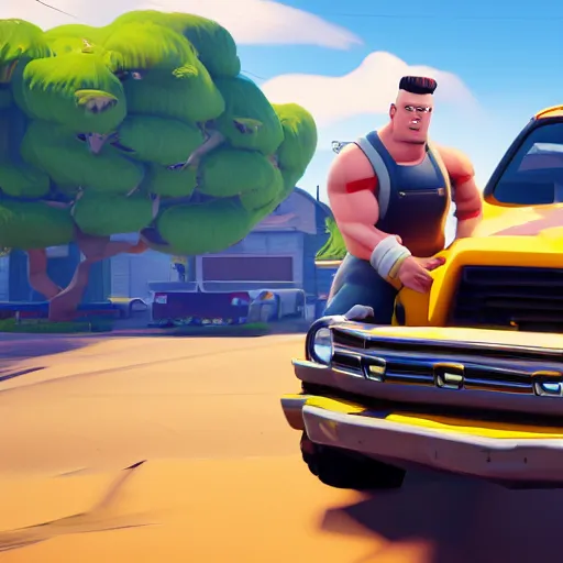 Prompt: fat john cena driving a car with really big tires, fortnite screenshot. 8k, 4k.