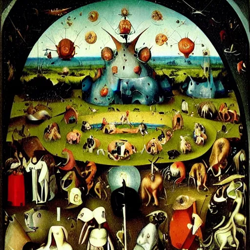 Prompt: n the garden of earthly delights, painting by hieronymus bosch