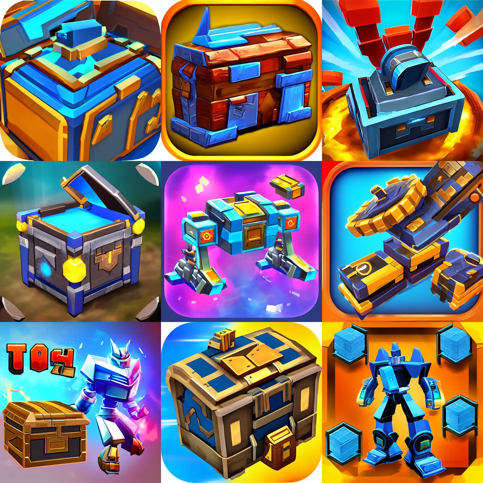Prompt: futuristic transformer treasure chest, clash royal, stylized, casual mobile game