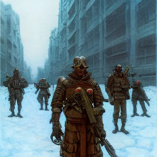 Prompt: portrait of futuristic soldiers squad on the art deco streets of the undying empire city of ya - sattra during the festival of masks, snow, winter, award - winning realistic sci - fi concept art by beksinski, bruegel, greg rutkowski, alphonse mucha, and yoshitaka amano