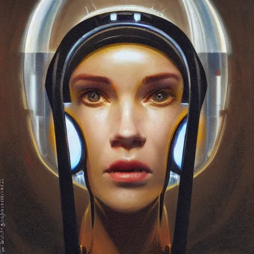 Image similar to detailed face of a synthetic sentient super - intelligent woman with nixie tube eyes warming up, warm space, rammed earth courtyard, cool skydome, fresh atmosphere, syd mead, livia prima, artgerm, greg rutkowski, pj crook, nick alm, casey baugh