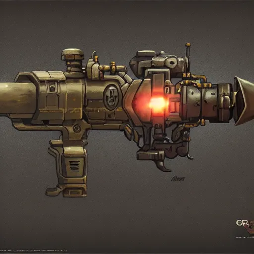 Prompt: greg manchess video game weapon icon concept art of an dieselpunk grenade launcher, matte background, highly detailed, digital painting, artstation, concept art, by makoto shinkai and akihiko yoshida and hidari and wlop and greg rutkowski