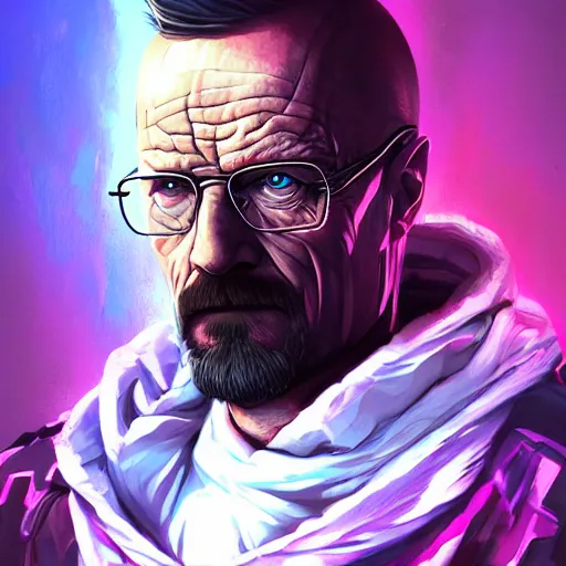 Image similar to high quality illustration, walter white realistic portrait, cyberpunk colors, riot game, alexandre bourlet, vaporwave, lois van baarle, league of legend, digital painting, james jean, dynamic colors, greg rutkuwsky, artstation, concept art