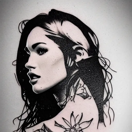 Prompt: double - exposure tattoo sketch of megan fox shaped in beautiful mountains, in the style of dan mountford