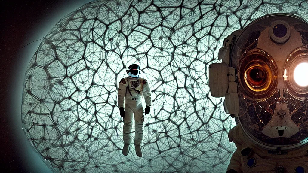 Prompt: a single astronaut eva suit made with diamond 3d fractal lace iridescent bubble 3d skin and covered with insectoid compound eye camera lenses floats through the living room, film still from the movie directed by Denis Villeneuve with art direction by Salvador Dalí, wide lens,