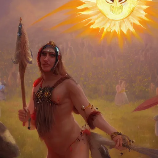 Image similar to paimon invades the body of the sun god midsommar, oil painting, ultradetailed, artstation, ultradetailed, digital painting, ultradetailed