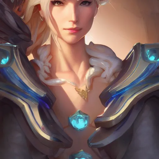 Image similar to Closeup of Mercy from Overwatch, D&D, fantasy, intricate, elegant, highly detailed, digital painting, artstation, concept art, matte, sharp focus, illustration, hearthstone, art by Artgerm and Greg Rutkowski and Alphonse Mucha