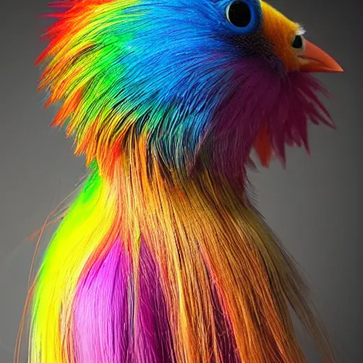 Prompt: little bird, human hair, rainbow colored hair