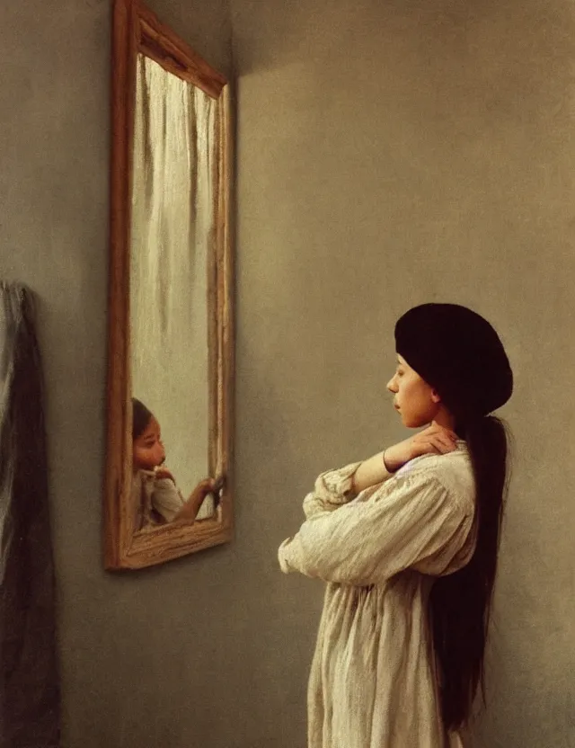 Prompt: peasant girl brushing her hair in front of a mirror, portray, Cinematic focus, Polaroid photo, vintage, neutral colors, soft lights, foggy, by Steve Hanks, by Serov Valentin, by lisa yuskavage, by Andrei Tarkovsky 8k render, detailed, oil on canvas