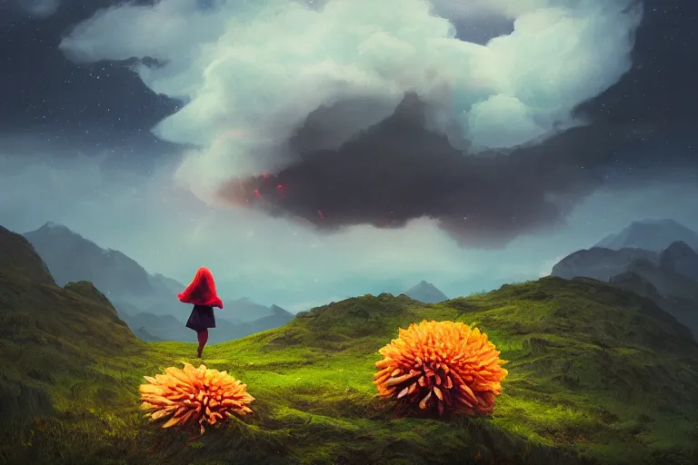 Image similar to giant dahlia flower as a head, girl walking on mountain, surreal photography, stars, dramatic light, impressionist painting, storm clouds, digital painting, artstation, simon stalenhag