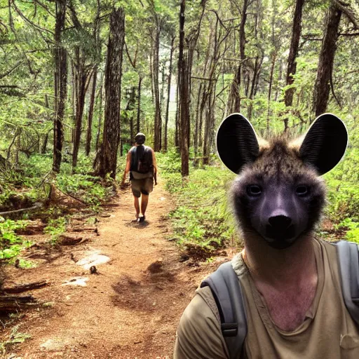 Prompt: furry anthro Crocuta crocuta anthropomorphic spotted hyena man wearing cargo shorts professional profile photo portrait hiking forest in background