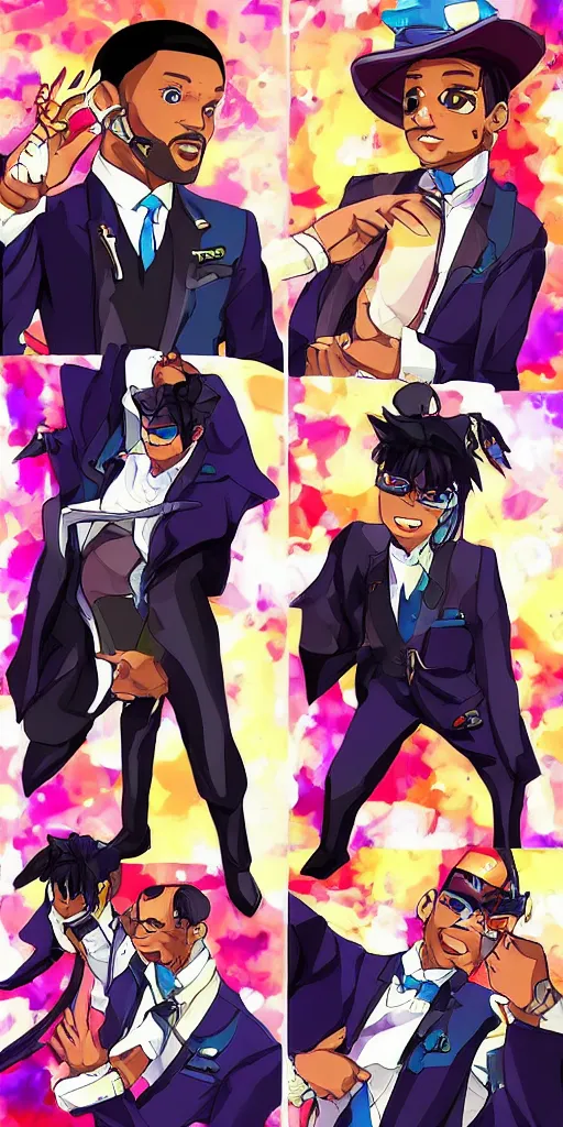 Prompt: will smith wearing luxury suits as a gacha game rare character, full body, cartoon, anime, trending in pixiv, cool color pattern