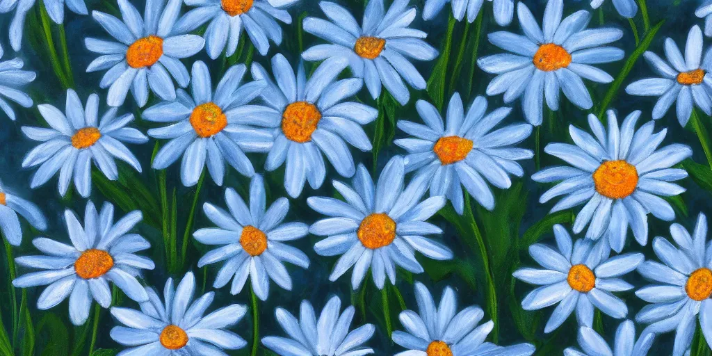 Image similar to light blue daisies on bottom half of painting, matte painting, white background