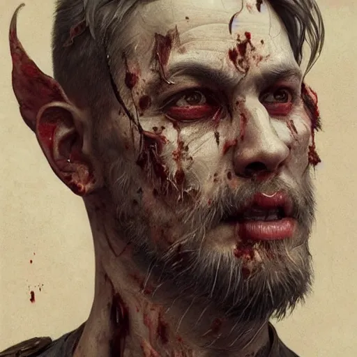 Image similar to portrait painting of a bloodied male butcher, ultra realistic, concept art, intricate details, eerie, highly detailed, photorealistic, octane render, 8 k, unreal engine. art by artgerm and greg rutkowski and alphonse mucha