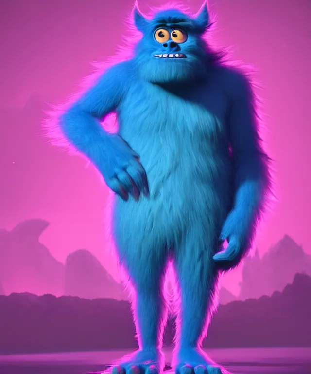 Image similar to a big furry monster made of bioluminescence in the art style of monsters inc, fantasy, elegant, crisp 8 k line art, digital painting, artstation, unreal engine, octane render, emissive lighting, concept art, matte, sharp focus, hyper realistic lighting, illustration, deep royal blue and pink color scheme, art by dave kendall