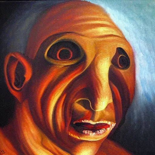 Image similar to Man arising from the ninth circle of hell. Oil painting.