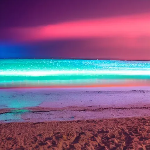 Prompt: a beach at night with glowing phosphorescent waves