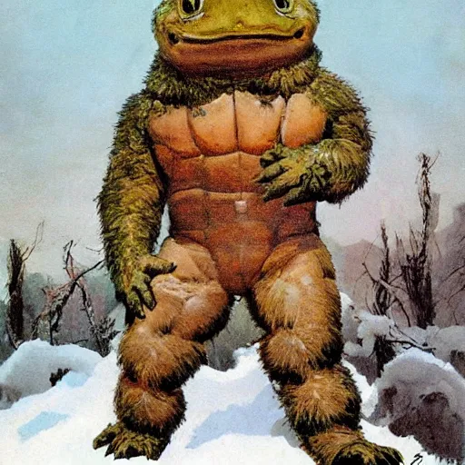 Image similar to anthropomorphic turtle humanoid in the snow wearing furs by frank frazetta