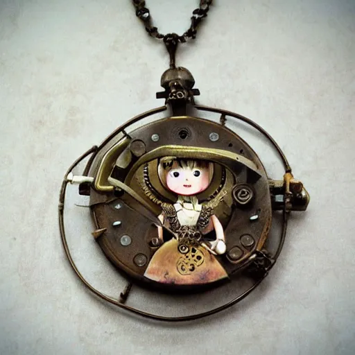 Prompt: steampunk little girl, necklace clock