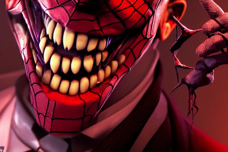 Image similar to Joker imitates Spider-Man and laughs, scary scene, top horrible creatures, horrible, horrors filmed on camera, fangs and drool, jaw and tongue, man is terrified, 8k, black and red, octane render, hyper-realistic, artstation trends, ray tracing, night, flashlight