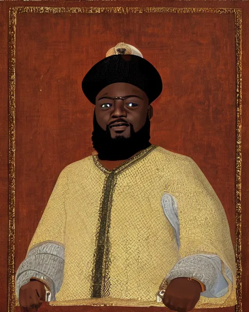 Image similar to HD medieval portrait painting of T-Pain as a medieval Moroccan sultan.