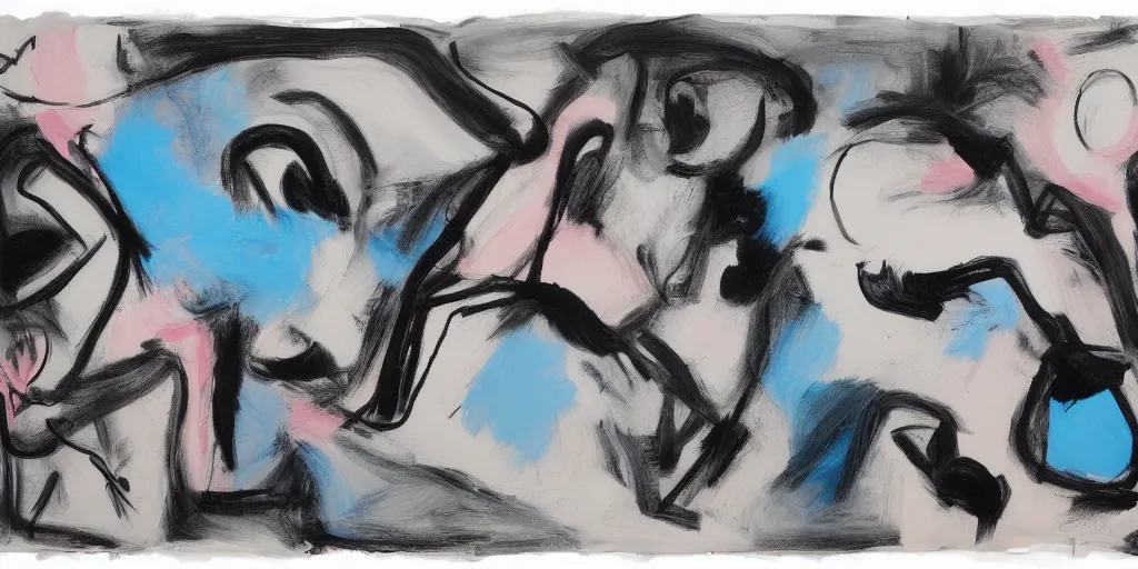 Image similar to black white painting by de kooning on white canvas, soft blue and pink tints, thin black lines, detailed martha jungwirth drawing sketch, painted by yves tanguy, informal, oil on canvas, thick impasto