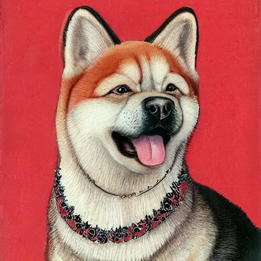 Image similar to potrait of red akita inu dog dressed as a queen in an ornate dress, renaissance painting