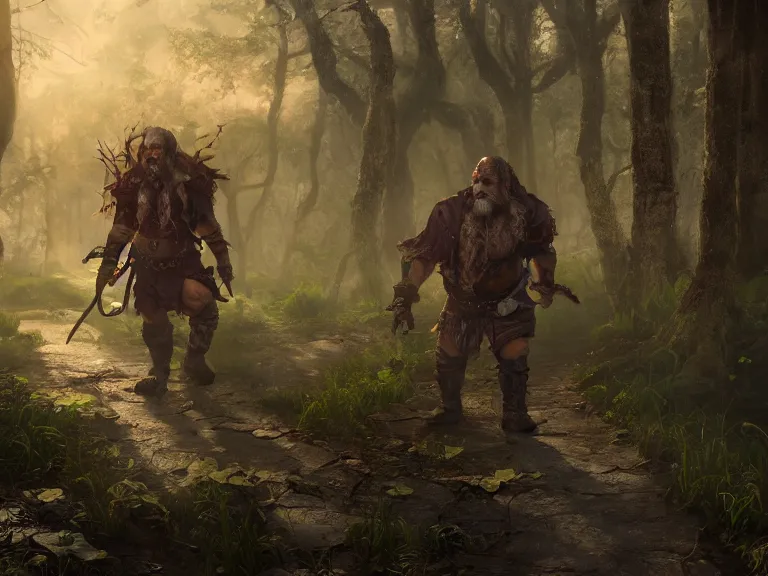 Image similar to Scaredy Cat Dwarf Ranger trips while running through Haunted Swamp, RPG Scene, Oil Painting, Trending on Artstation, octane render, Insanely Detailed, 8k, HD