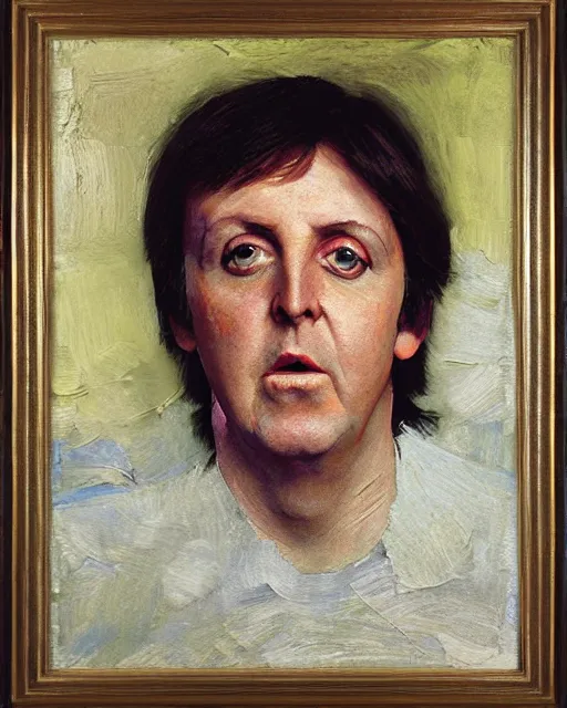 Image similar to painterly portrait, paul mccartney, impasto, fantasy, chuck close:7, carl spitzweg:7, cinematic light, full face, symmetrical face