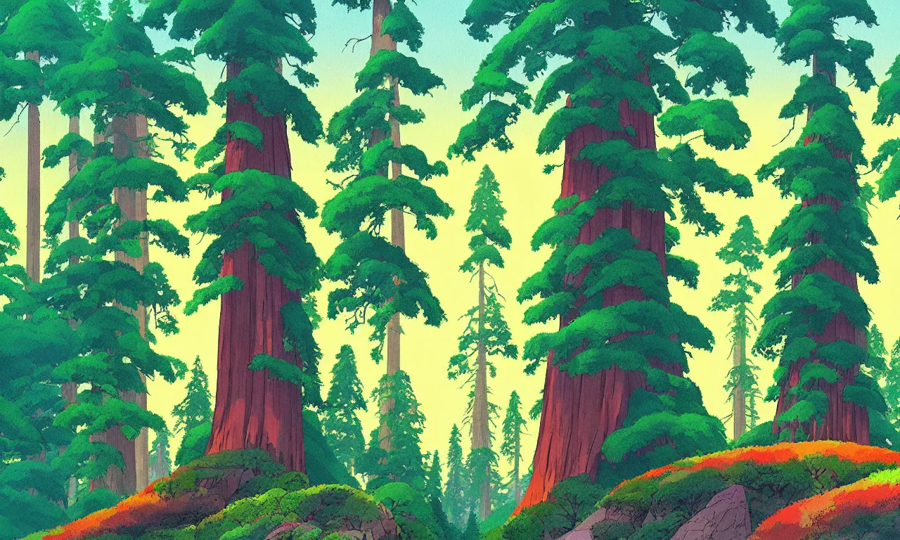 Image similar to Sequoia park in a colorful moutain with beautiful trees , no people, morning, by studio ghibli painting, superior quality, masterpiece, traditional Japanese colors, concept art