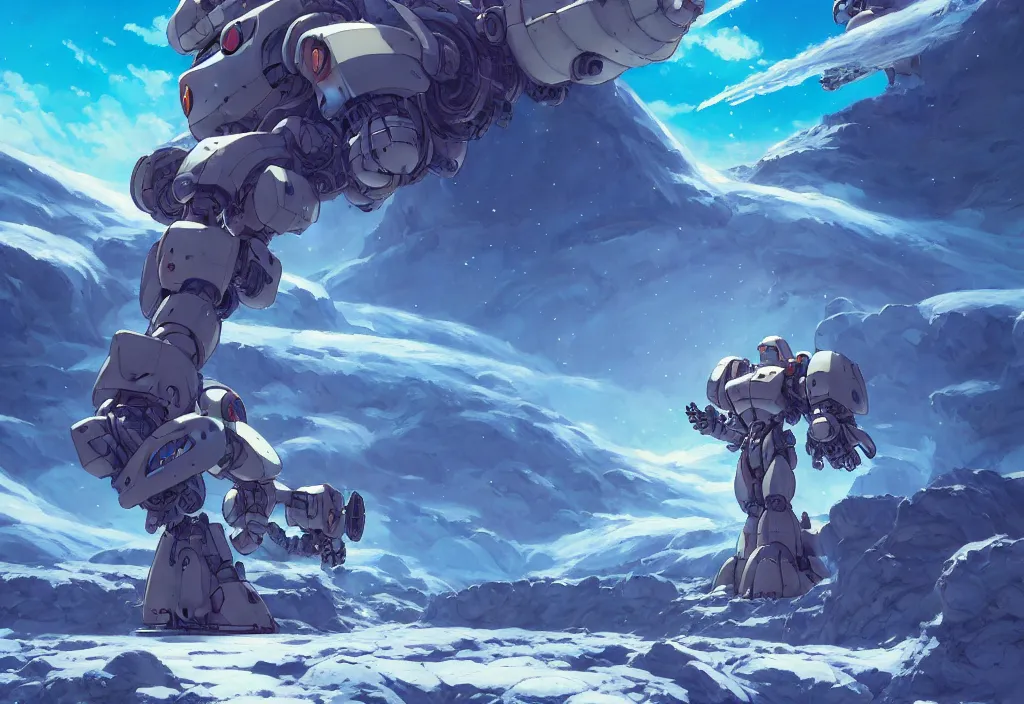 Image similar to a small chubby mecha on a glacier on an alien planet, intricate oil painting, high detail illustration, sharp high detail, manga and anime 1 9 9 9, official fanart behance hd artstation by jesper ejsing and makoto shinkai, 4 k,