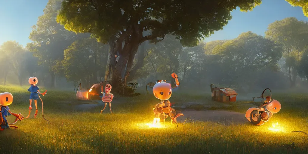 Image similar to cottagecore illustration children playing with a smiling roboton a peaceful morning, pixar and disney animation, sharp, rendered in unreal engine 5, art by greg rutkowski, bloom, dramatic lighting, sunrise