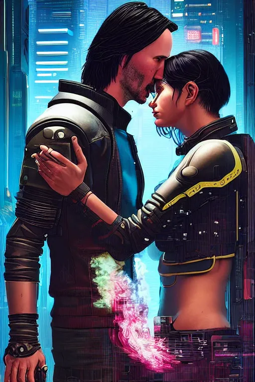 Image similar to a cyberpunk 2077 couple portrait of Keanu Reeves & female android final kiss in the night city,love,by Laurie Greasley,Lawrence Alma-Tadema,Dan Mumford,Andrei Riabovitchev,John Wick,Replicas,artstation,deviantart,FAN ART,Digital painting,face enhance,highly detailed,8K,octane,golden ratio,cinematic lighting