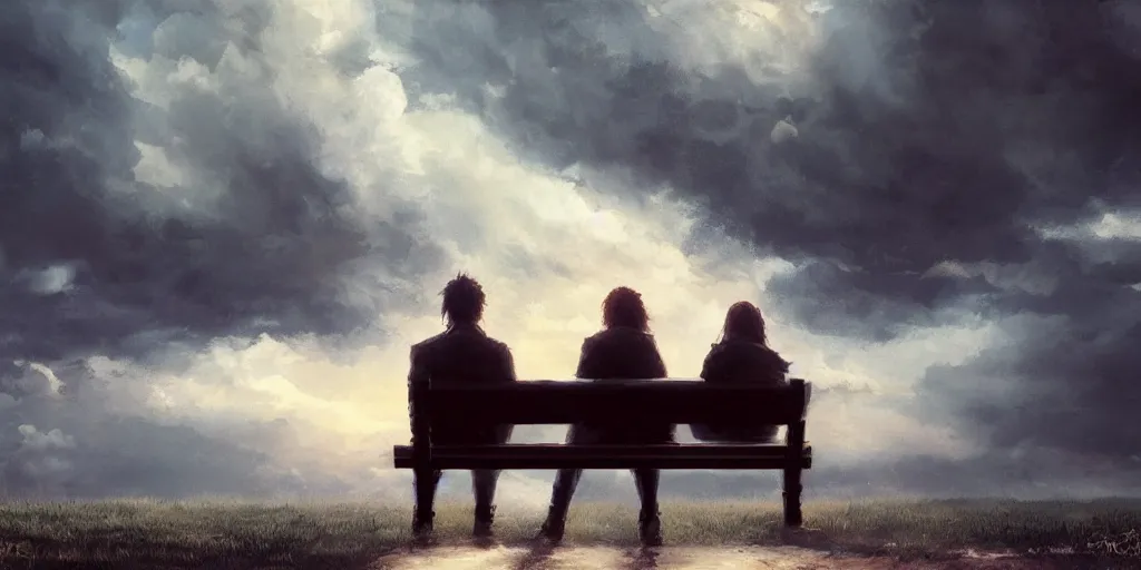 Prompt: a family with sorrow faces sitting on a bench, dramatic sky, close up shot, anime art, Greg Rutkowski, dramatic lighting