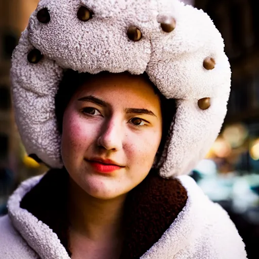 Image similar to portrait of a womans face, age 2 0 in a fluffy sheep costume, outside theatre, street photography by steve mccurry, 5 0 mm f / 1. 4