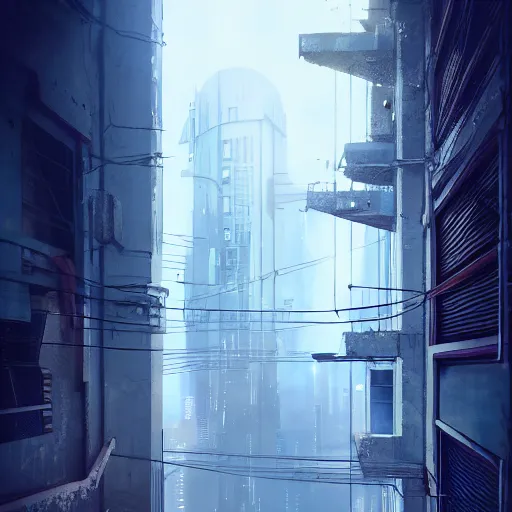 Image similar to One dilapidated building with only one window glowing. ArtStation, Cyberpunk, Vertical Symmetry, 8K, Highly Detailed, Intricate, Album Art.