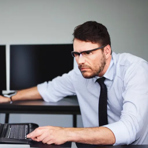 Image similar to annoyed man waiting for a friend in front of a computer pointing on his watch