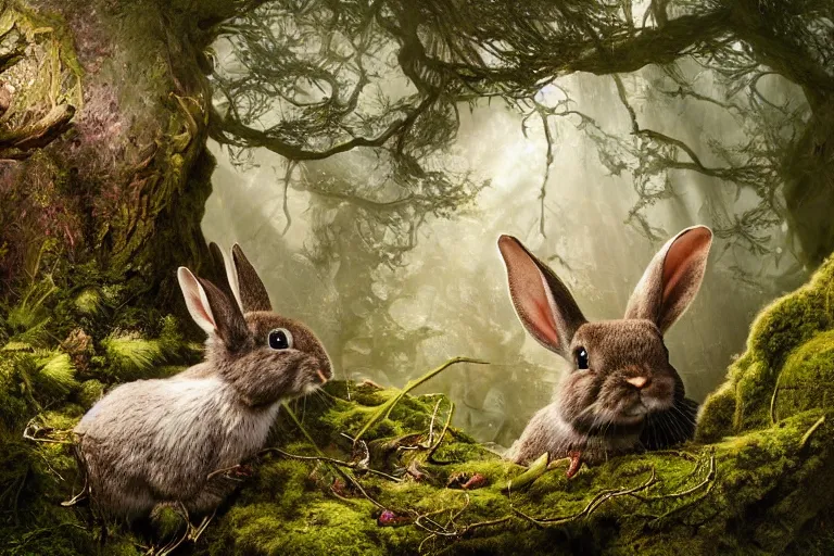 Image similar to photography print of taxidermy rabbit, majestic, stuffing of twigs and moss falling out, next on a cliff background, dappled lighting, backlit, by ellen jewett and dariusz zawadzki and brian froud and tom bagshaw, real, realistic, 8 k, high resolution, high definition, national geographics, professional wildlife photography
