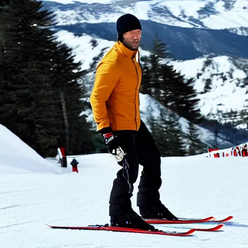 Image similar to jason statham skiing, full body shot, finely detailed