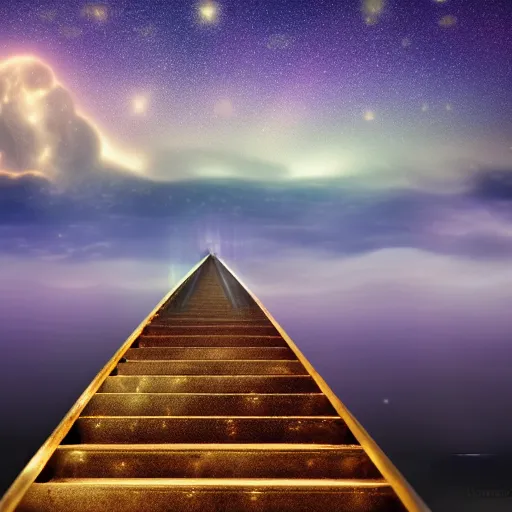 Prompt: a stairway of cosmic water flowing, fantasy, dusk, starry sky, hd, fantasy, 4 k